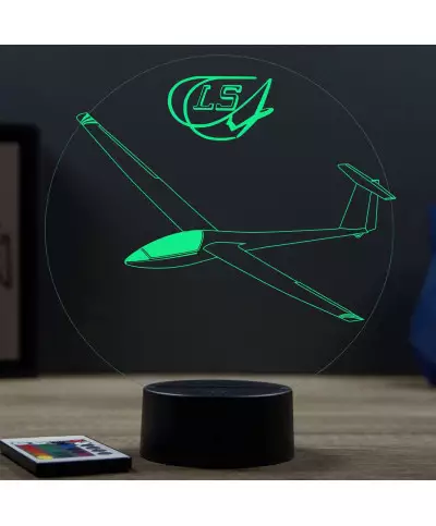 Lampe illusion 3D en verre acrylique gravée au laser représentant un avion Planeur Rolladen-Schneider LS4.