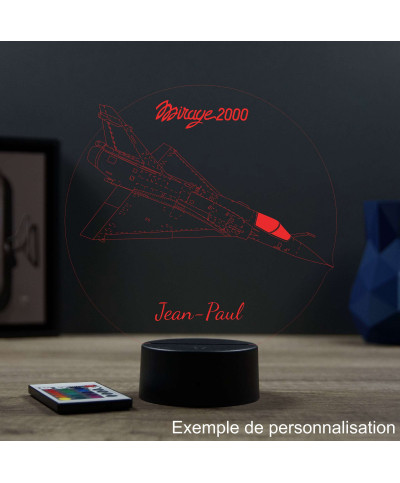 Lampe illusion 3D en verre acrylique gravée au laser représentant un avion de chasse Mirage 2000C.