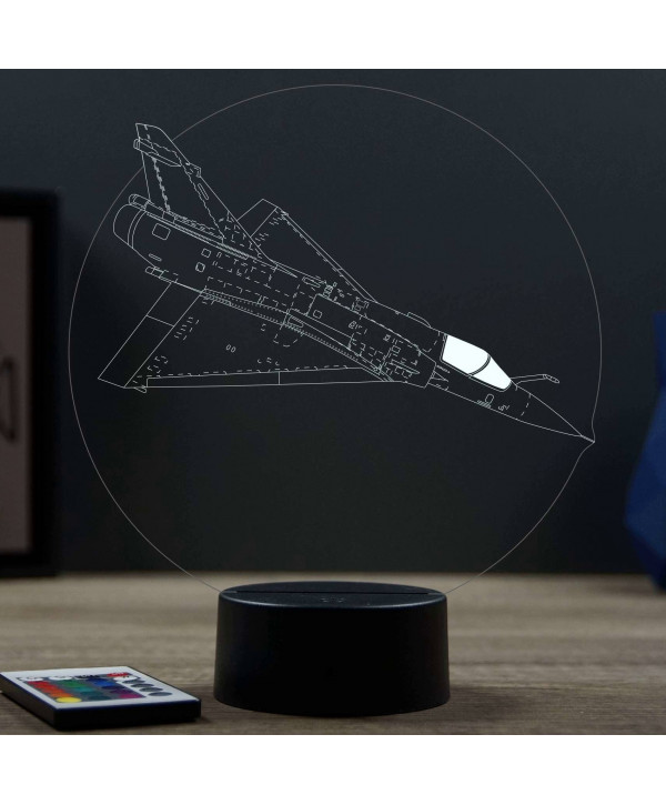 Lampe illusion 3D en verre acrylique gravée au laser représentant un avion de chasse Mirage 2000C.