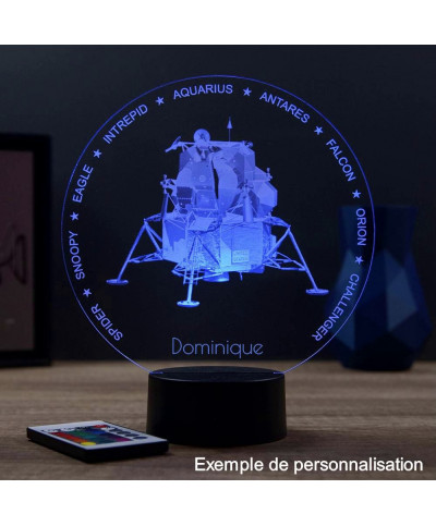 Lampe illusion 3D en verre acrylique gravée au laser représentant le Module Lunaire Apollo LEM.