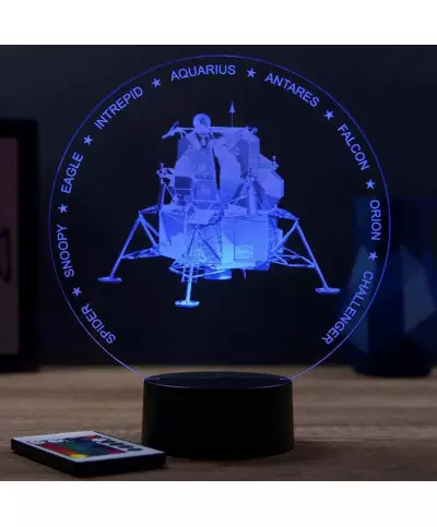 Lampe illusion 3D en verre acrylique gravée au laser représentant le Module Lunaire Apollo LEM.