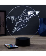 Lampe illusion 3D en verre acrylique gravée au laser représentant un avion de chasse Mirage 3E.