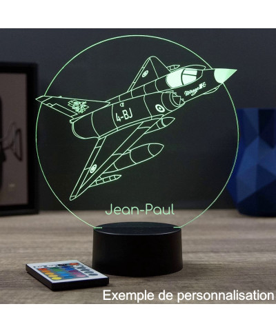 Lampe illusion 3D en verre acrylique gravée au laser représentant un avion de chasse Mirage 3E.