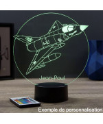 Lampe illusion 3D en verre acrylique gravée au laser représentant un avion de chasse Mirage 3E.