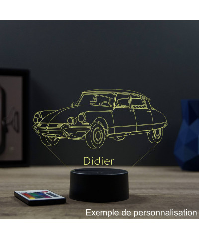 Lampe illusion 3D en verre acrylique gravée au laser représentant une voiture Citroën DS21 Pallas 1964.