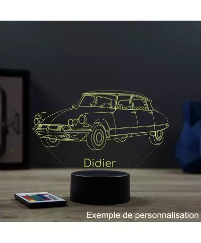 Lampe illusion 3D en verre acrylique gravée au laser représentant une voiture Citroën DS21 Pallas 1964.