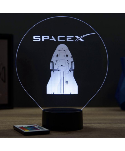 Lampe illusion 3D en verre acrylique gravée au laser représentant une Capsule Crew Dragon SpaceX.