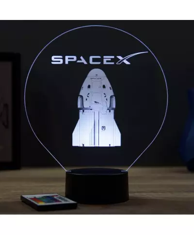 Lampe illusion 3D en verre acrylique gravée au laser représentant une Capsule Crew Dragon SpaceX.