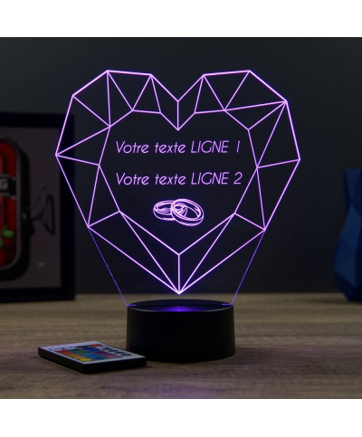 Lampe illusion 3D en verre acrylique gravée au laser représentant un Cœur en forme de Diamant.