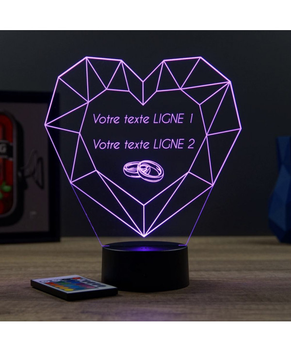 Lampe illusion 3D en verre acrylique gravée au laser représentant un Cœur en forme de Diamant.
