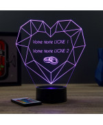 Lampe illusion 3D en verre acrylique gravée au laser représentant un Cœur en forme de Diamant.