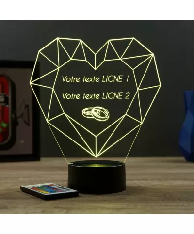 Lampe illusion 3D en verre acrylique gravée au laser représentant un Cœur en forme de Diamant.