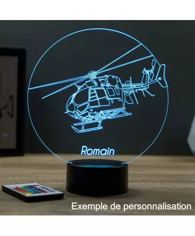 Lampe illusion 3D en verre acrylique gravée au laser représentant un Hélicoptère EC145 Eurocopter.