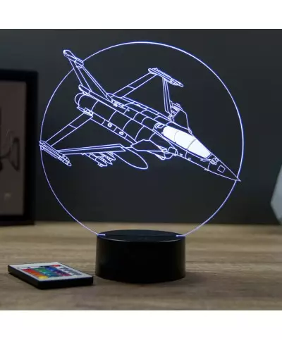 Lampe illusion 3D en verre acrylique gravée au laser représentant un avion de chasse Rafale Dassault.