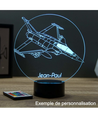 Lampe illusion 3D en verre acrylique gravée au laser représentant un avion de chasse Rafale Dassault.
