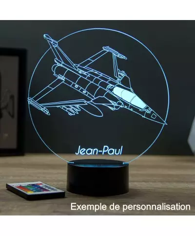 Lampe illusion 3D en verre acrylique gravée au laser représentant un avion de chasse Rafale Dassault.