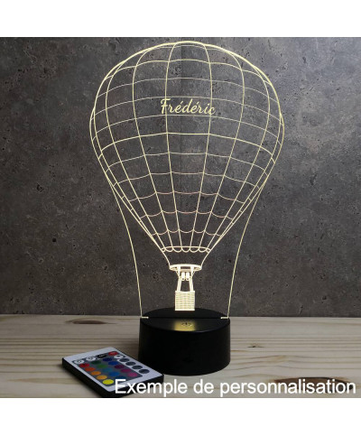 Lampe illusion 3D en verre acrylique gravée au laser représentant une Montgolfière.