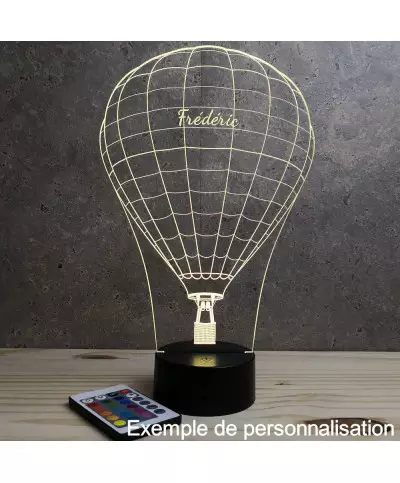 Lampe illusion 3D en verre acrylique gravée au laser représentant une Montgolfière.