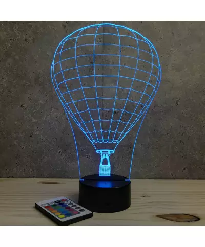 Lampe illusion 3D en verre acrylique gravée au laser représentant une Montgolfière.
