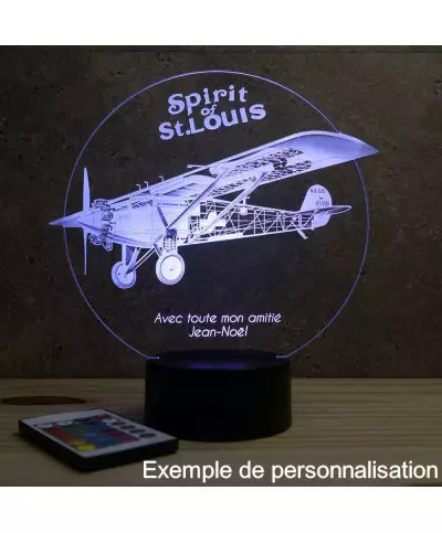 Lampe illusion 3D en verre acrylique gravée au laser représentant un avion Spirit of St Louis.