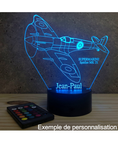 Lampe illusion 3D en verre acrylique gravée au laser représentant un avion de chasse SpitFire Supermarine.