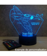 Lampe illusion 3D en verre acrylique gravée au laser représentant un avion de chasse SpitFire Supermarine.