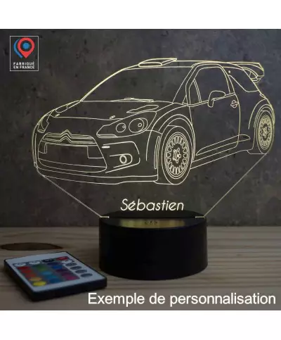 Lampe illusion 3D en verre acrylique gravée au laser représentant une voiture Citroën DS3 Rally.