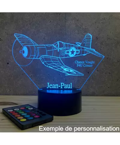 Lampe illusion 3D en verre acrylique gravée au laser représentant un avion de chasse Corsair Vought F4U.