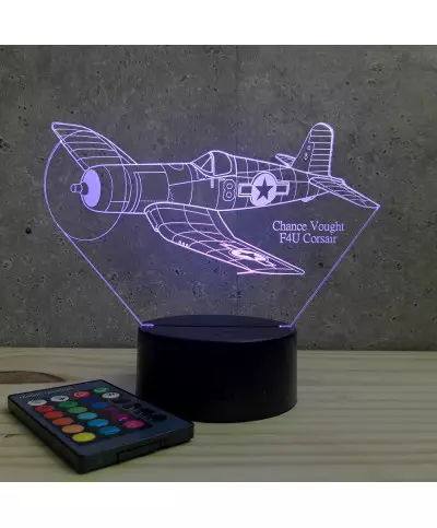 Lampe illusion 3D en verre acrylique gravée au laser représentant un avion de chasse Corsair Vought F4U.