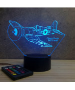 Lampe illusion 3D en verre acrylique gravée au laser représentant un avion de chasse Corsair Vought F4U.