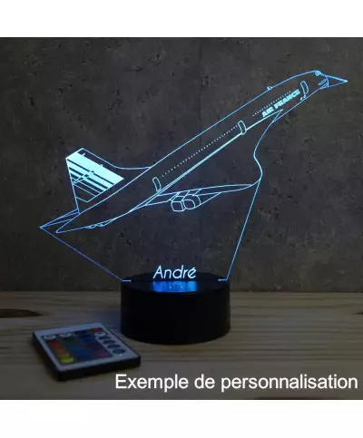 Lampe illusion 3D en verre acrylique gravée au laser représentant un avion Concorde.