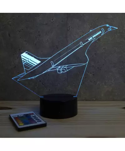 Lampe illusion 3D en verre acrylique gravée au laser représentant un avion Concorde.