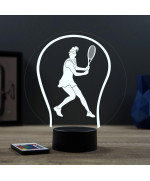 Lampe illusion 3D en verre acrylique gravée au laser représentant une joueuse de tennis à l'intérieur d'une balle de tennis.