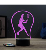Lampe illusion 3D en verre acrylique gravée au laser représentant une joueuse de tennis à l'intérieur d'une balle de tennis.