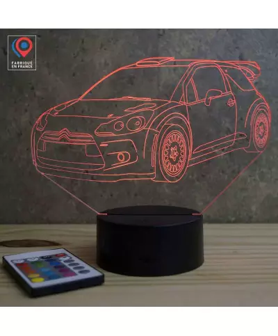 Lampe illusion 3D en verre acrylique gravée au laser représentant une voiture Citroën DS3 Rally.