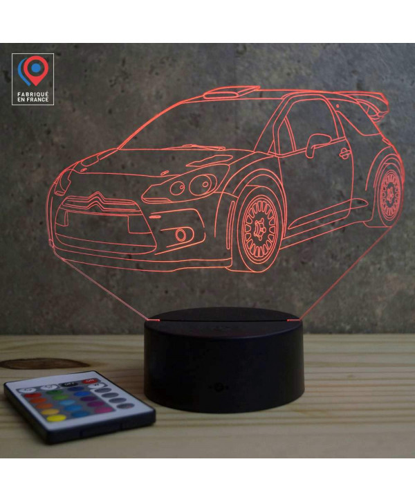 Lampe illusion 3D en verre acrylique gravée au laser représentant une voiture Citroën DS3 Rally.