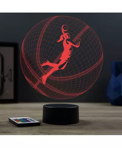 Lampe illusion 3D en verre acrylique gravée au laser représentant une basketteuse à l'intérieur d'un ballon de basket.
