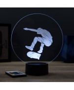 Lampe illusion 3D en verre acrylique gravée au laser représentant un rider en train de faire du skateboard.