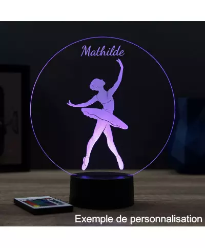 Lampe illusion 3D en verre acrylique gravée au laser représentant une danseuse en tutu.