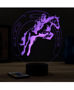 Lampe illusion 3D en verre acrylique gravée au laser représentant un cavalier sur son cheval qui saute.