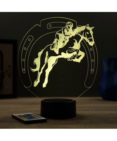 Lampe illusion 3D en verre acrylique gravée au laser représentant un cavalier sur son cheval qui saute.