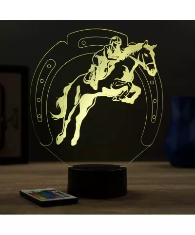 Lampe illusion 3D en verre acrylique gravée au laser représentant un cavalier sur son cheval qui saute.