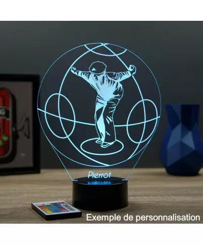 Lampe illusion 3D en verre acrylique gravée au laser représentant un jouer de pétanque en train de tirer.
