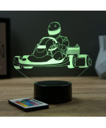 Lampe illusion 3D en verre acrylique gravée au laser représentant un pilote dans son karting.