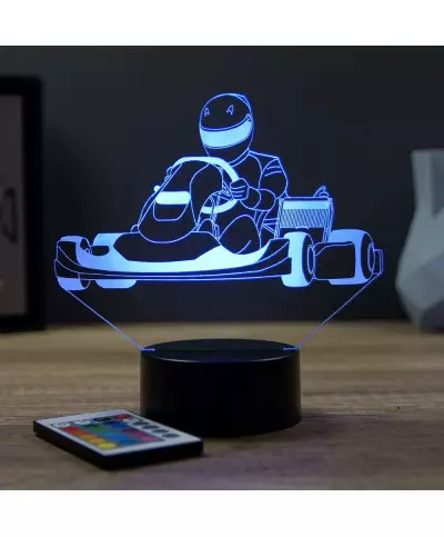 Lampe illusion 3D en verre acrylique gravée au laser représentant un pilote dans son karting.