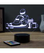 Lampe illusion 3D en verre acrylique gravée au laser représentant un pilote dans son karting.