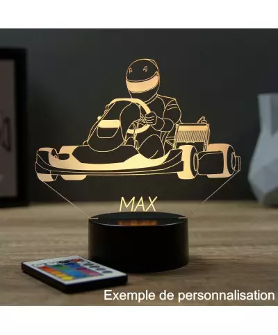 Lampe illusion 3D en verre acrylique gravée au laser représentant un pilote dans son karting.