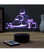 Lampe illusion 3D en verre acrylique gravée au laser représentant un pilote dans son karting.
