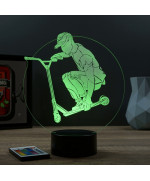 Lampe illusion 3D en verre acrylique gravée au laser représentant un rider et sa trottinette.