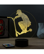 Lampe illusion 3D en verre acrylique gravée au laser représentant un rider et sa trottinette.